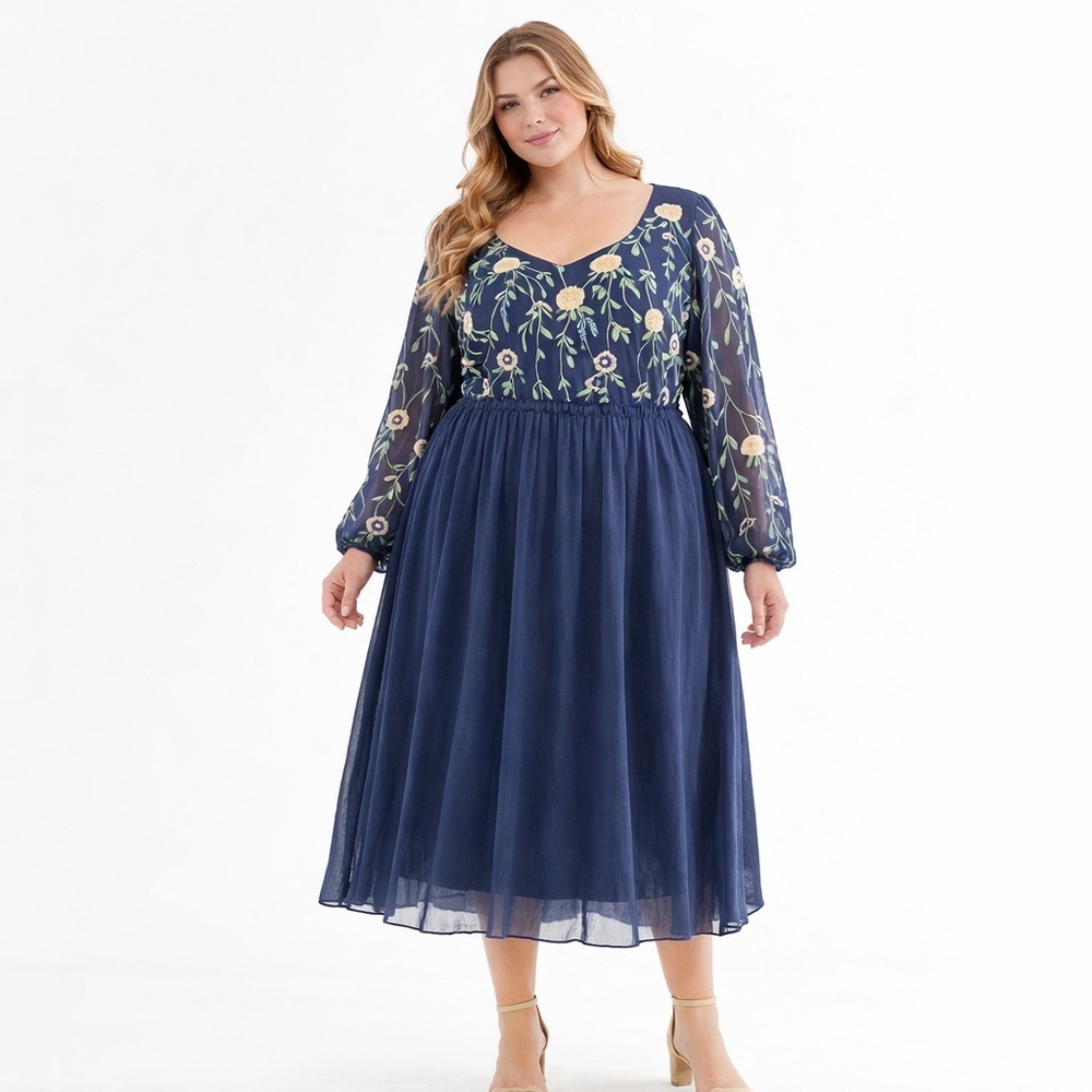 JessaKae 1X Blue Embroidered Floral Midi Dress Romantic Cottagecore Prairie